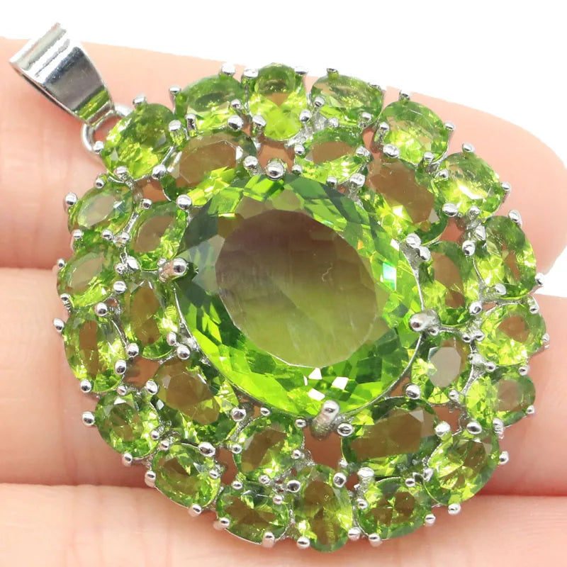 European Design Gemstone Pink Kunzite Green Peridot Women Dating Silver Pendant