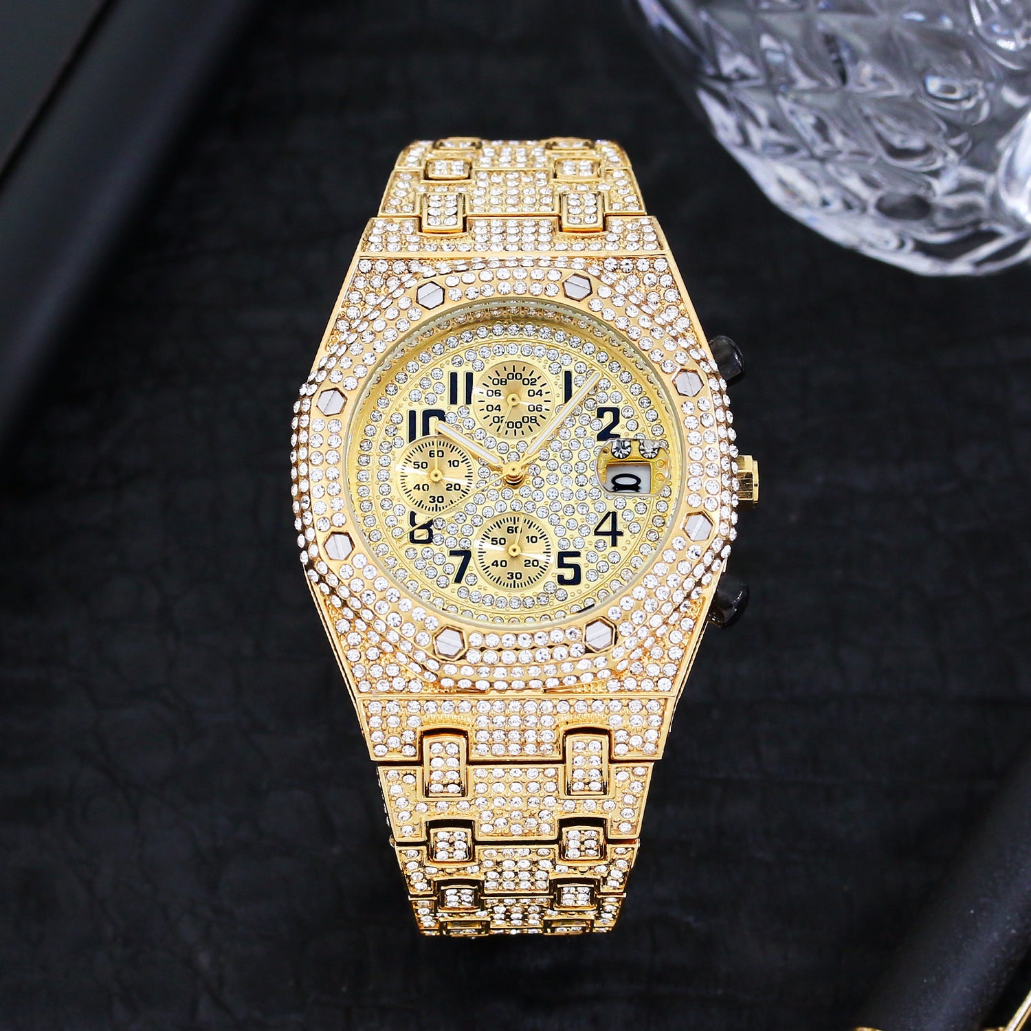 Full Diamond Three-eye Timing Quartz Men's Watch